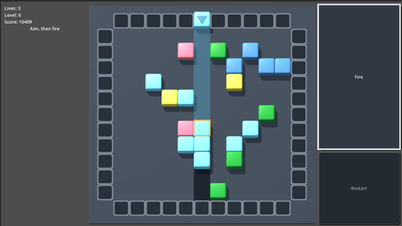 Development screenshot of How to Wait for the Bus, showing a grid of coloured tiles surrounded by launch positions and game controls