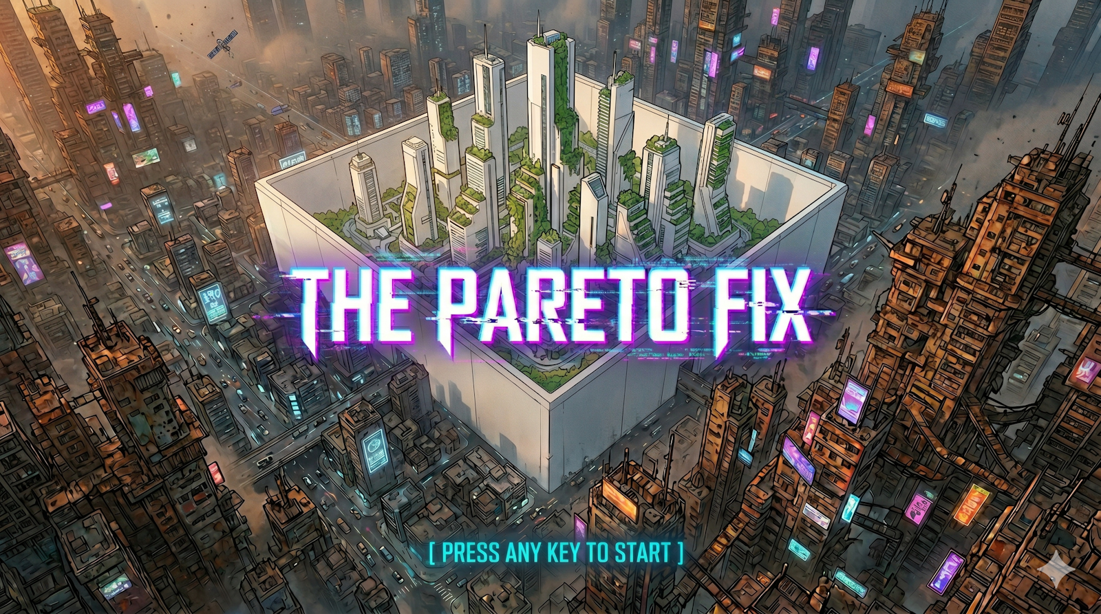 Title artwork for The Pareto Fix, showing a green high-rise enclave surrounded by a dense cyberpunk city